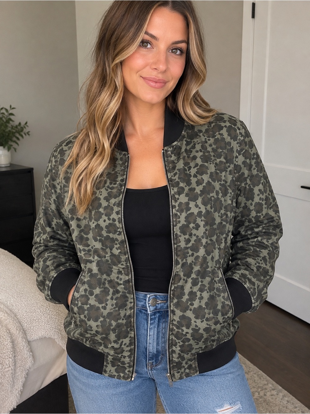 Aeropostale Olive Floral Camo Bomber Jacket